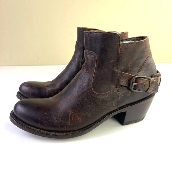 JB Dillon Brown Leather Buckle Zip Up Block Heel Ankle Boots Western Size 9B - Picture 3 of 14